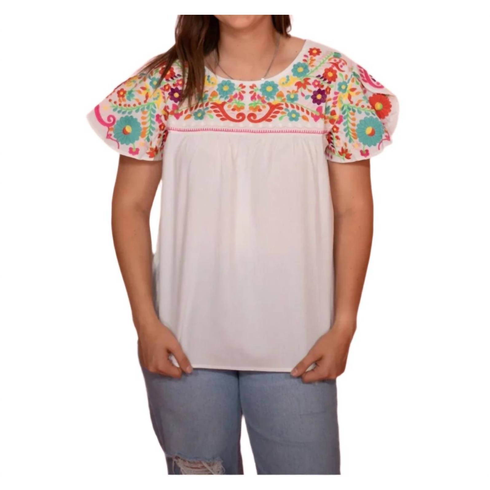 New Layerz Clothing Embroidered Shimmer Butterfly Sleeve Top In White